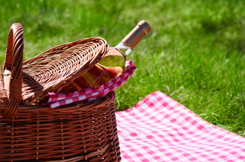 Picnic basket with wine bottle