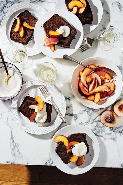 Griddled Zucchini Bread with Moscato Peaches and Crème