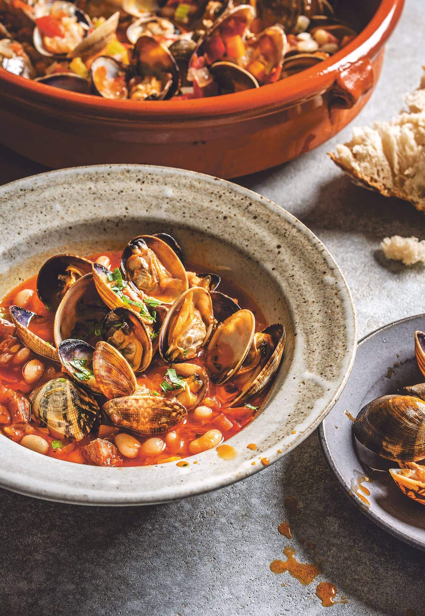 Alubia Blancas with white wine clams and Spanish chorizo